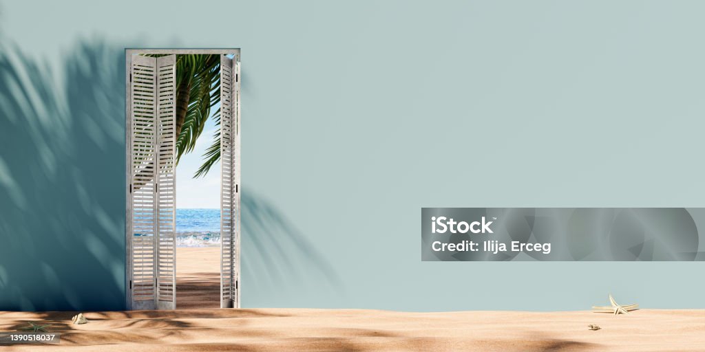 Opened door at the sand beach with sea view and empty wall background. Summer vacation concept. Opened door at the sand beach with sea view and empty wall background. Summer vacation concept. 3D Rendering, 3D Illustration Door Stock Photo