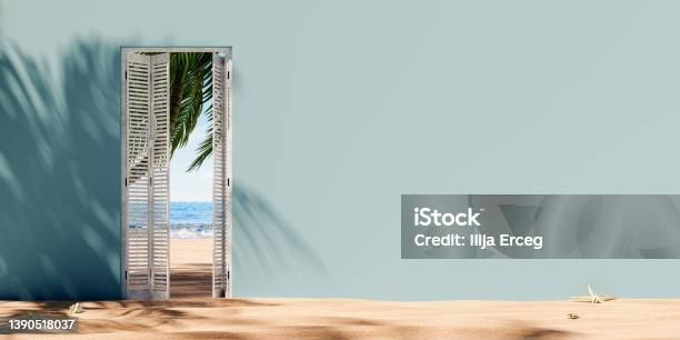 Opened Door At The Sand Beach With Sea View And Empty Wall Background Summer Vacation Concept Stock Photo - Download Image Now