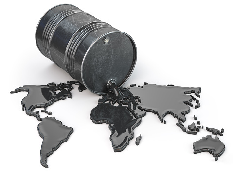 Oil barrel with spilled oil in form of map of the world isolated on white. World oil industry concept. 3d illustration