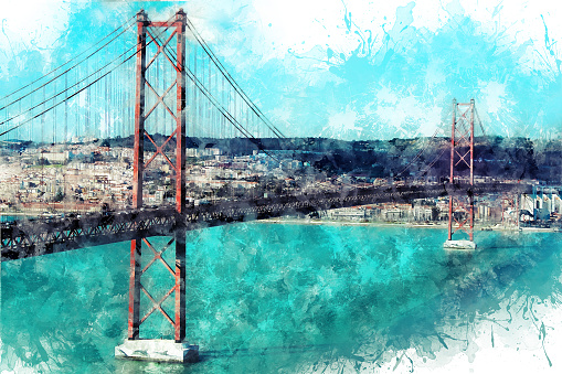 Watercolor drawing, illustration. 25th of April Bridge over the Tagus river, connecting Almada and Lisbon in Portugal.