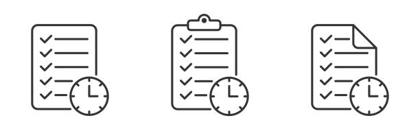 ilustrações, clipart, desenhos animados e ícones de conjunto de arquivos, documentos, ícone do relógio. ilustração vetorial. - stopwatch clipboard exam vector