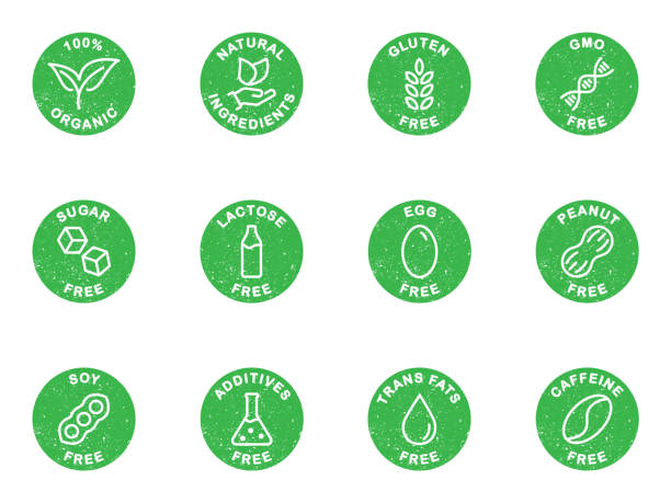 ilustrações de stock, clip art, desenhos animados e ícones de allergen free icons set. common allergens. dietary allergens icons. grunge texture green color. vector illustration. - food additive