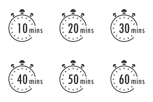 Set of timer. Stopwatch icons. Countdown 10.20,30,40,50,60 minutes. Stopwatch sign set. Flat vector illustration.