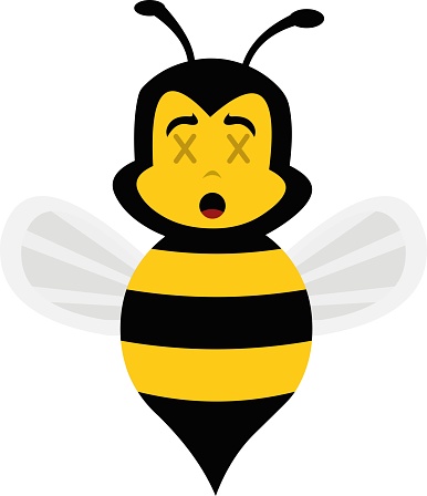 Vector character illustration of a cartoon bee with eyes in the form of crosses, in concept of death