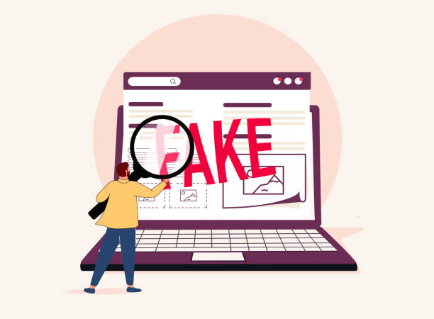 ilustrações, clipart, desenhos animados e ícones de notícias falsas ou informações falsas que se espalham no site e nas mídias sociais, rastreando ou verificando a verdade antes de compartilhar, acredite - imitation