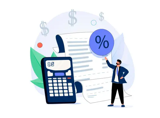 Vector illustration of Income tax calculation and financial VAT money refund tiny person concept. Government payment calculation accounting