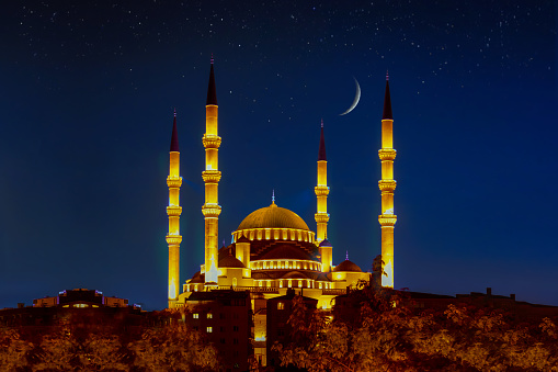 Horizontal view of Kocatepe Mosque at night, Ankara, Turkey