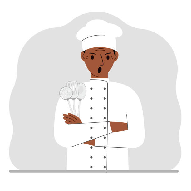 istock Screaming cook holds a kitchen cutlery set in his hand. Profession. 1390527978