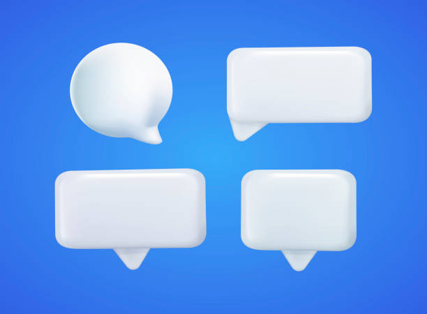 ilustraciones, imágenes clip art, dibujos animados e iconos de stock de conjunto de cuatro iconos de burbujas de voz 3d, aislados sobre fondo azul. conjunto de iconos de 3d chat. conjunto de burbuja de habla 3d. cuadro de chat - discurso