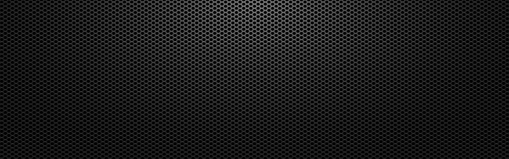 Black metal background. Perforated dark texture with light. Carbon sheet with holes. Abstract steel wallpaper wide. Modern composite material. Vector illustration.