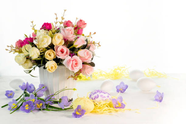 Happy Easter.Bouquet of flowers and Easter eggs.Place for text