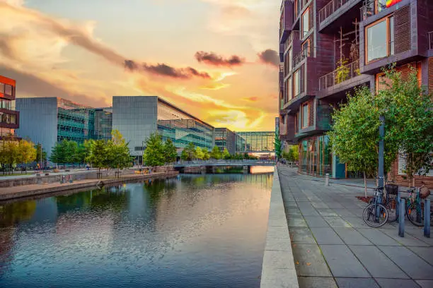 Vector illustration of view of the Emil Holms Kanal, Tietgen Student Hall Tietgenkollegiet and IT University of Copenhagen, Denmark