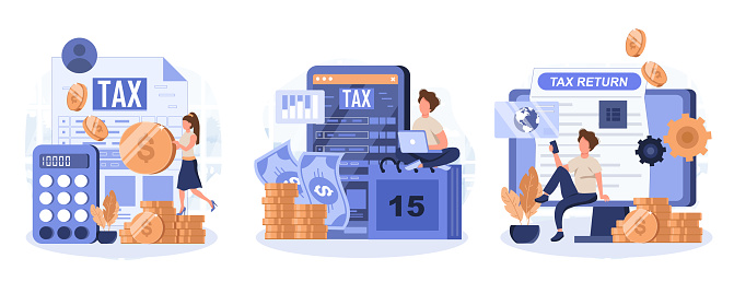 Declaration programs, easy reporting, tax website. Desktop tax filing software, mobile app tax filing software, filing online service metaphors. Vector isolated concept metaphor collection of scenes.