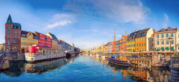 Panorama of the Nyhavn canal with boats, ships and many small colorful houses. Copenhagen, Denmark