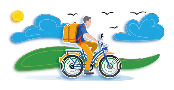 Flat design illustration delivery bicycle on rural road driving to client