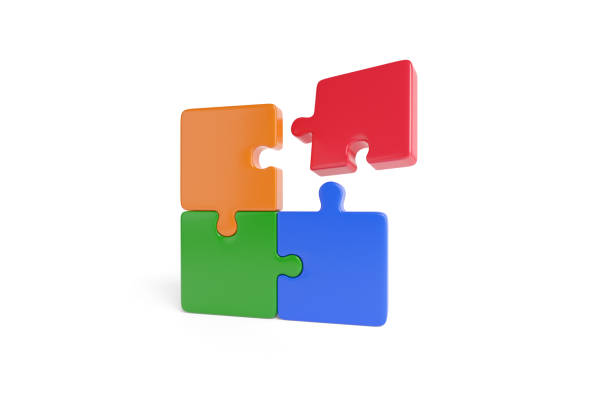 istock Four puzzle pieces, red, blue, green and orange, coming together in three dimensions. Teamwork concept. 3d illustration. 1390534826