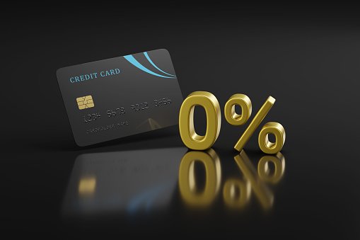 Close up of credit card and 0% solid text. Financing concept. 3d illustration.