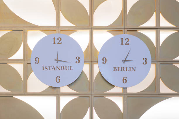 Hanging wall clocks showing the time zone of different countries.