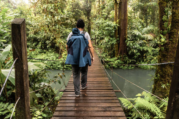 istock Back view of a hiker walking on a hanging bridge while enjoying a hike in the forest. 1390538458