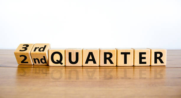 From 2nd second to third 3rd quarter symbol. Turned wooden cubes and changed words 2nd quarter to 3rd quarter. Beautiful wooden table white background. Business happy 3rd quarter concept. Copy space. stock photo