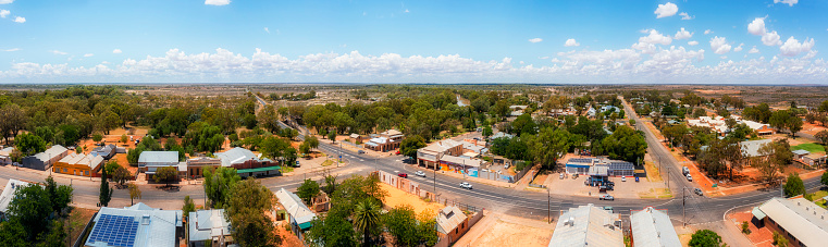 Downtown of Wilcannia rural regional town on Darling river and Barrier highway in Australian outback - aerial panorama.