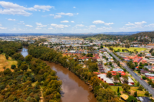 Wagga Wagga rural regional city in Australian outback on Murrumbidgee river in aerial landscape view.