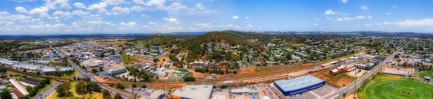 Wide aerial panorama of Wagga Wagga city downtown in rural regional area of Australia - transport and agriculture centre.