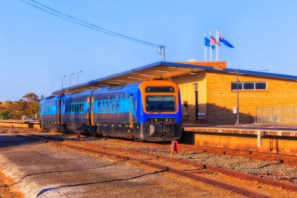 Locomotive of passenger train at Wagga Wagga train station platform at the end of railway to Sydney - australian outback.