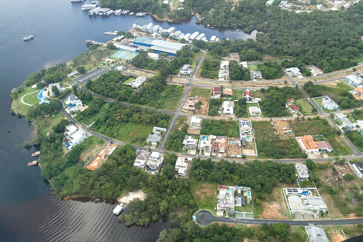 Manaus, Amazonas, Brazil - March 25, 2022: Aerial photo of Residencial Marina Rio Bello, Ponta Negra, Manaus, Amazonas.