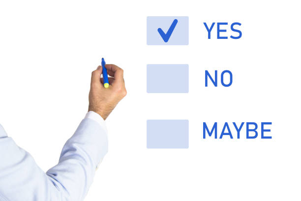 Choice yes. Thinking young man making decision yes, no or maybe