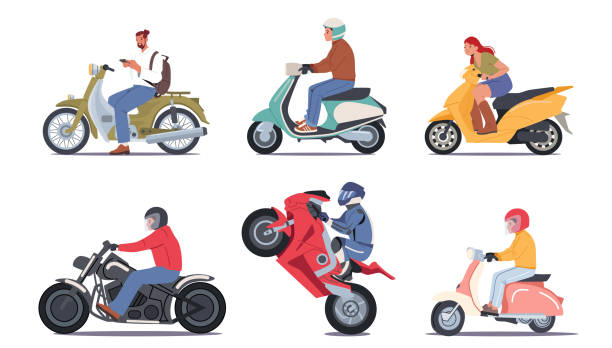 illustrazioni stock, clip art, cartoni animati e icone di tendenza di set di motociclisti indossano caschi alla guida di motociclette, personaggi motociclisti in sella a moto o scooter isolati su bianco - personal land vehicle