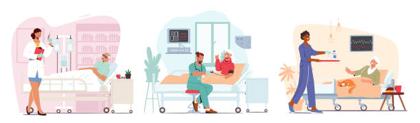zestaw hospitalizacji osób starszych koncepcja medyczna. starsi chorzy mężczyźni i kobiety leżący w łóżku w klinice - hospital bed obrazy stock illustrations