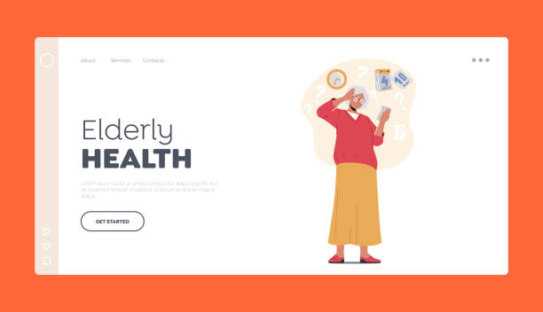 Elderly Health Landing Page Template. Forgetful Senior Woman Suffer of Alzheimer Disease or Senility Dementia Elderly Health Landing Page Template. Forgetful Senior Woman Suffer of Alzheimer Disease or Senility Dementia. Confused Old Female Character Forget Time and Date. Cartoon People Vector Illustration senior adult retirement question mark worried stock illustrations