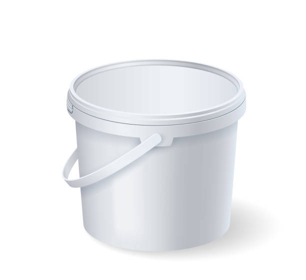 istock Realistic white bucket with plastic cap and handle mockup. Blank food product container template 1390552042