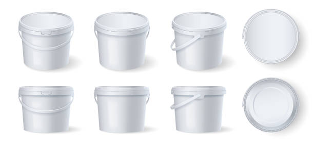 ilustrações de stock, clip art, desenhos animados e ícones de set of white plastic buckets with handle and lid, different side views. template mockup for branding - can disposable cup blank container