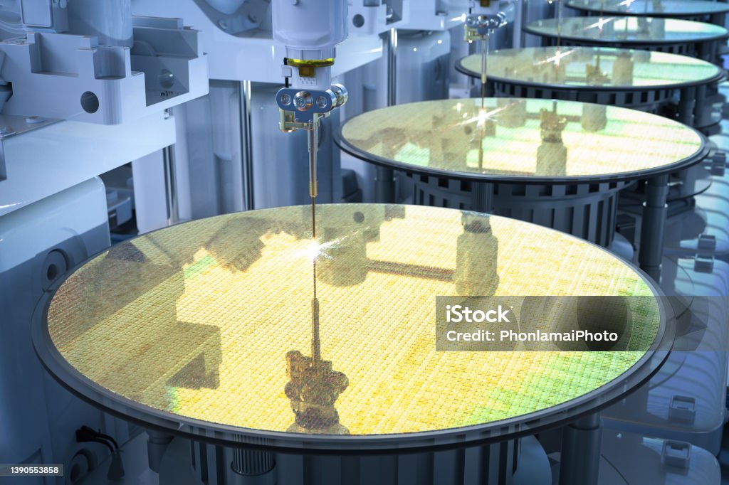 Semiconductor manufacturing with robotic arms Semiconductor manufacturing with 3d rendering robotic arms with silicon wafers Semiconductor Stock Photo