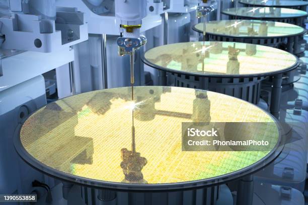 Semiconductor Manufacturing With Robotic Arms Stock Photo - Download Image Now - Semiconductor, Wafer, Manufacturing