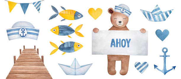 Watercolour illustration collection of various nautical symbols: sailor hat, funny fish, wooden pier, anchor, smiling teddy bear, cute paper boats. Watercolour illustration collection of various nautical symbols: sailor hat, funny fish, wooden pier, anchor, smiling teddy bear, cute paper boats. Cut out clip art elements for design decoration. sail boat clipart pictures stock illustrations