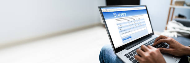 노트북에 온라인 설문 조사 양식을 작성하는 남자 - questionnaire 뉴스 사진 이미지
