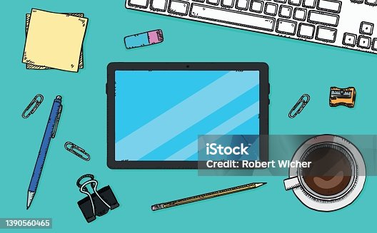 istock Cartoon vector illustration of office desk. Top view colorful hand drawn doodle. 1390560465