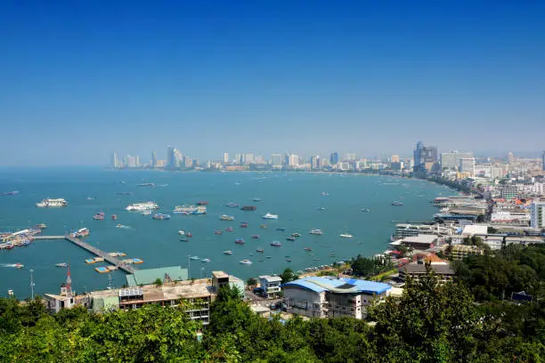 Photo of Pattaya Bay seen from Pattaya Viewpoint, Khao Phra Tamnak, Chonburi, Thailand, note  select focus with shallow depth of field