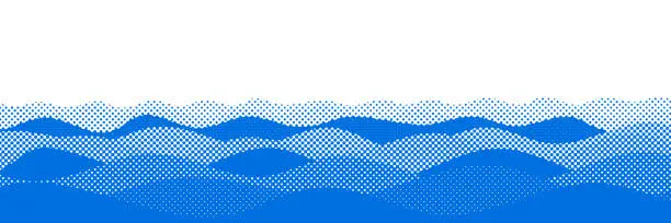 Vector illustration of Stylized drawing of waves on the sea, halftone dots background, fading dot