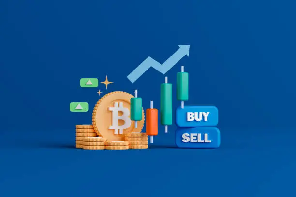 3d render concept cryptocurrency illustration. Candlestick chart with bitcoin on blue background.