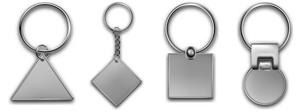 istock Metal keyring with different chain, leather keychain, holder trinket for key with metal ring. Silver colored accessories. Realistic template metal keychain set. Blank accessory for corporate identity. 1390578550