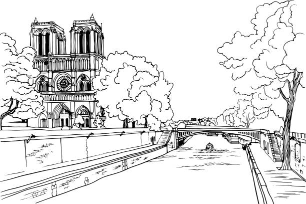 Romantic view of old Paris bridge and river Seine. Paris, France. Romantic view of old Paris bridge and river Seine. Paris, France. Hand drawn sketch. Line art. Ink drawing. Black and white vector background on white. For illustration and romantic Postcards. bridge hand stock illustrations