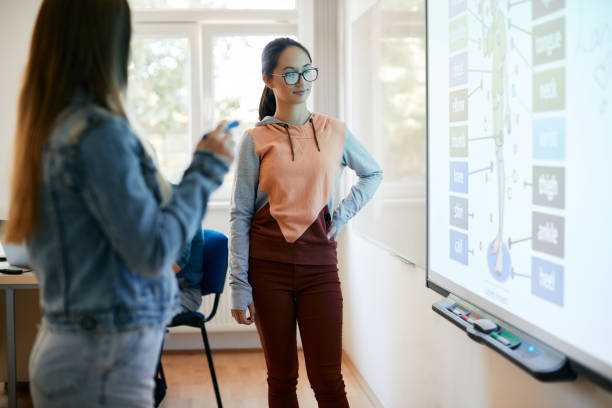 istock High school student and her classmate using smartboard during biology class at school. 1390581123
