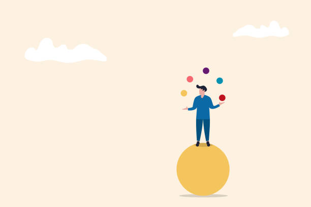 stockillustraties, clipart, cartoons en iconen met man juggles the balls while he is balacing on a big ball. multitasking concept, busy with business, training juggling, fun free time. - jongleren