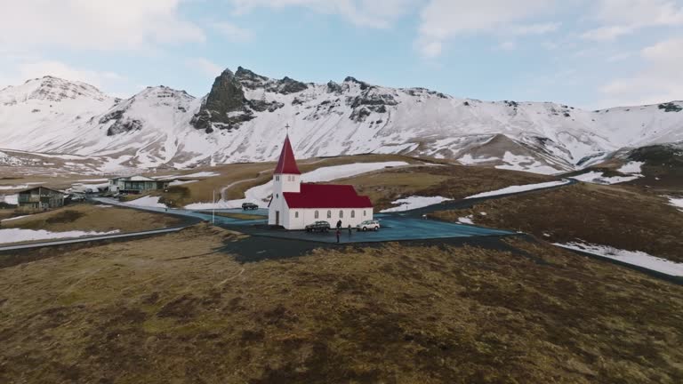 Iceland Church of Vik in Winter Drone Flight Video Reyniskirkja Church