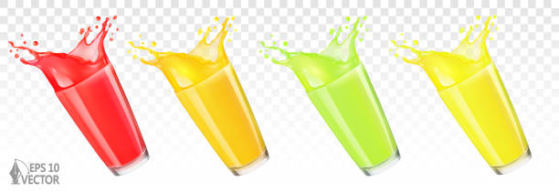 istock Set of fresh fruit juice in a glass with splash and drops. Tropical fruit, strawberry, peach, mango, lime, pineapple. 3d realistic vector illustration 1390584404