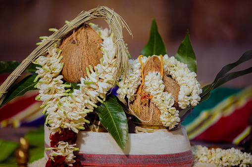 one of the traditional ritual by hindus. they tie Thali with Coconut and Flowers before Marriage